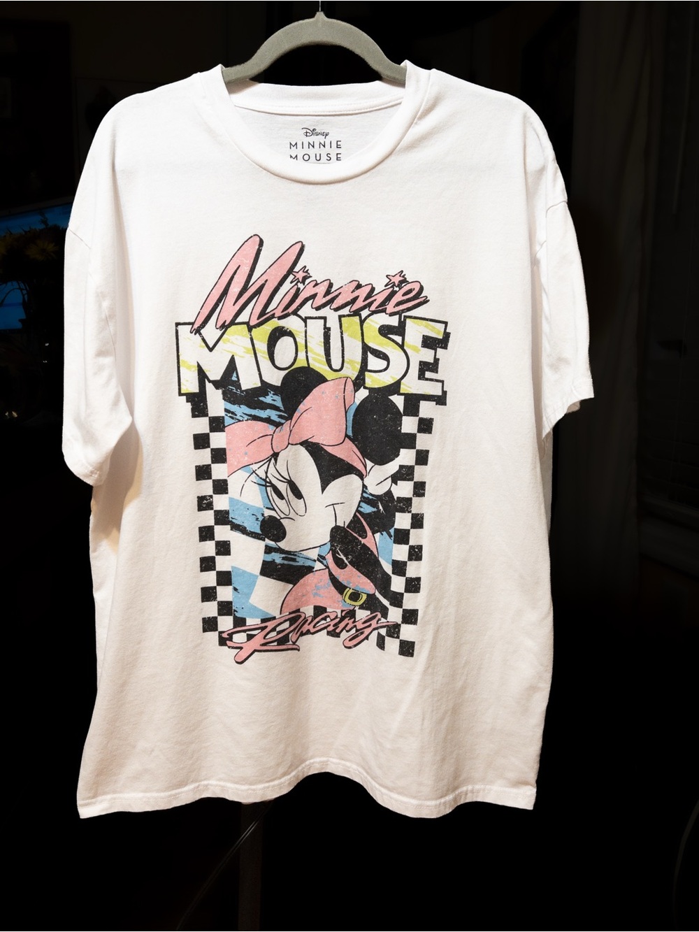 Disney Minnie Mouse Racing Graphic Tee XL Retro Checkered Y2K